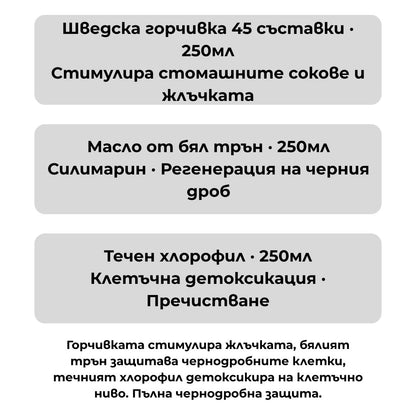 Liver Detox пакет - Шведска горчивка 250мл + Масло от бял трън 250мл + Течен хлорофил 250мл