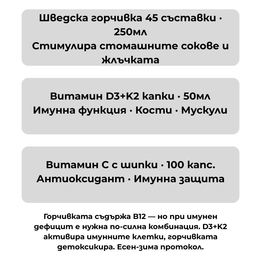 Имунен щит пакет - Шведска горчивка 250мл + Витамин D3+K2 капки 50мл + Витамин С с шипки 100 капс.