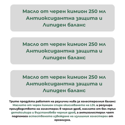 Холестеролен баланс пакет (3+1 Черен кимион + Масло от бял трън + Антихолестеролен чай)