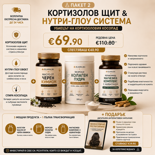 Кортизолов Щит & Нутри-Глоу Система (Капсули Hair & Skin Vitality + 1х Морски Колаген пудра + 1х Релаксиращ Магнезиев комплекс с Ашваганда)