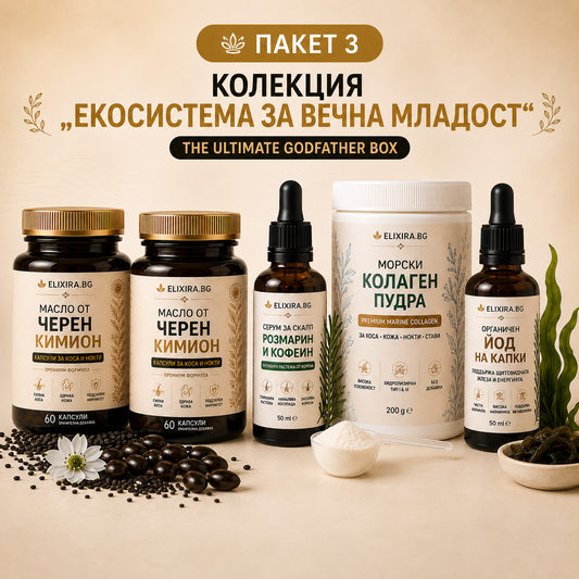 Екосистема за Вечна Младост (2х Капсули Hair & Skin Vitality + 1х Серум с Розмарин + 1х Морски Колаген пудра + 1х Органичен Йод на капки)